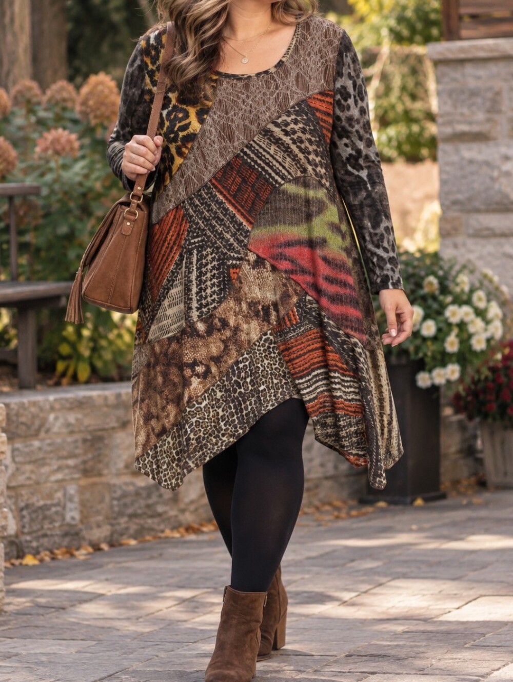 Funsport Multicolor Mixed Animal Print Patchwork Long Sleeve Tunic Sweater Dress